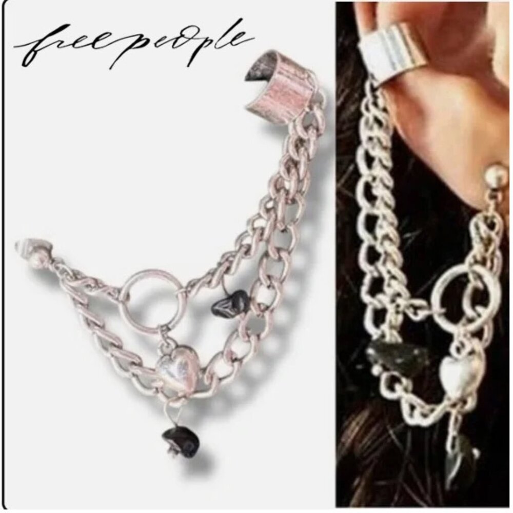 🔥 2/$25 🔥 NWT Free People Headturner Ear Party Cuff | Silver Black Gemstone